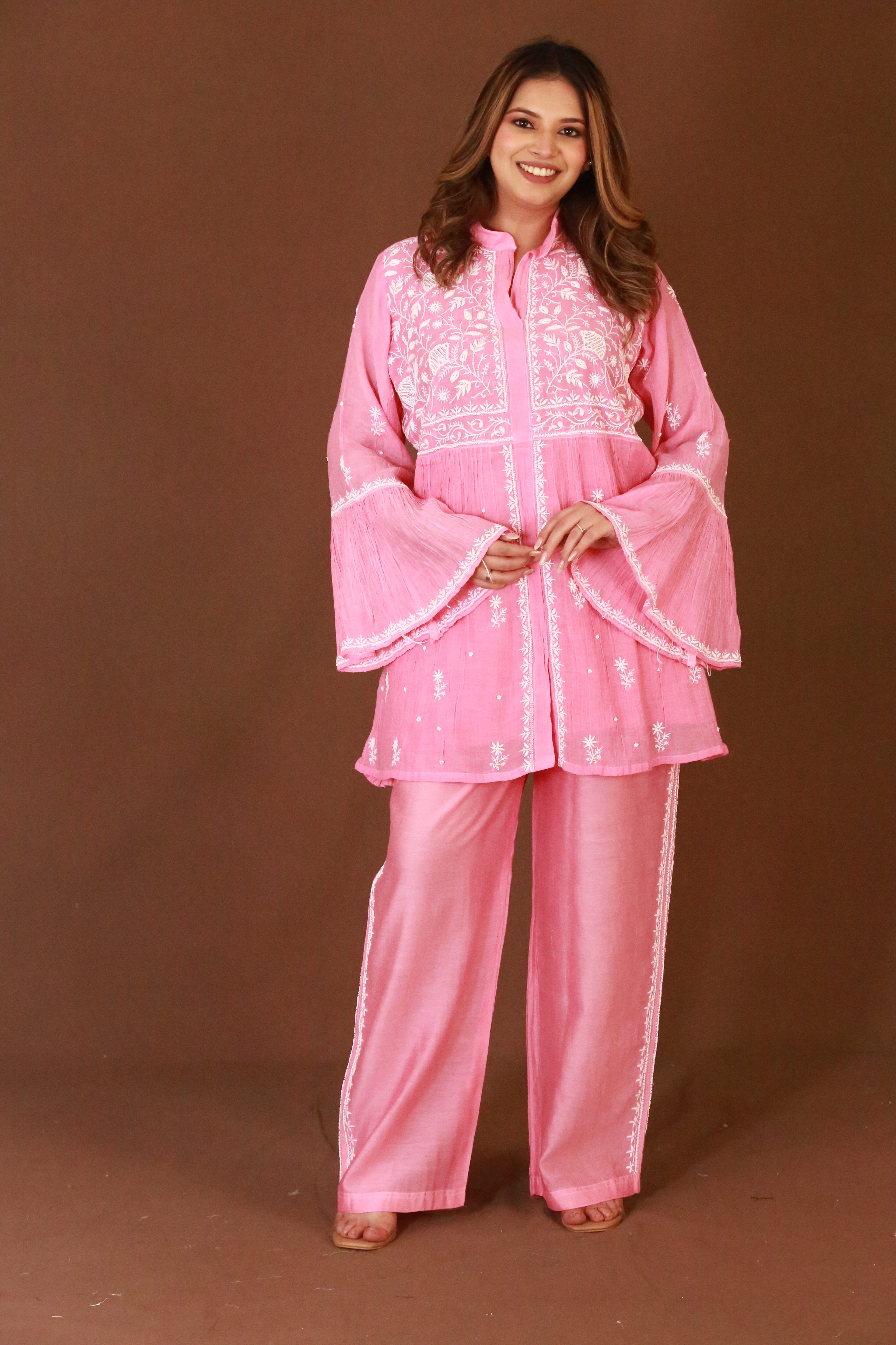 Chikankari co-ord set in premium Mul Chanderi with pearl & cutdana work