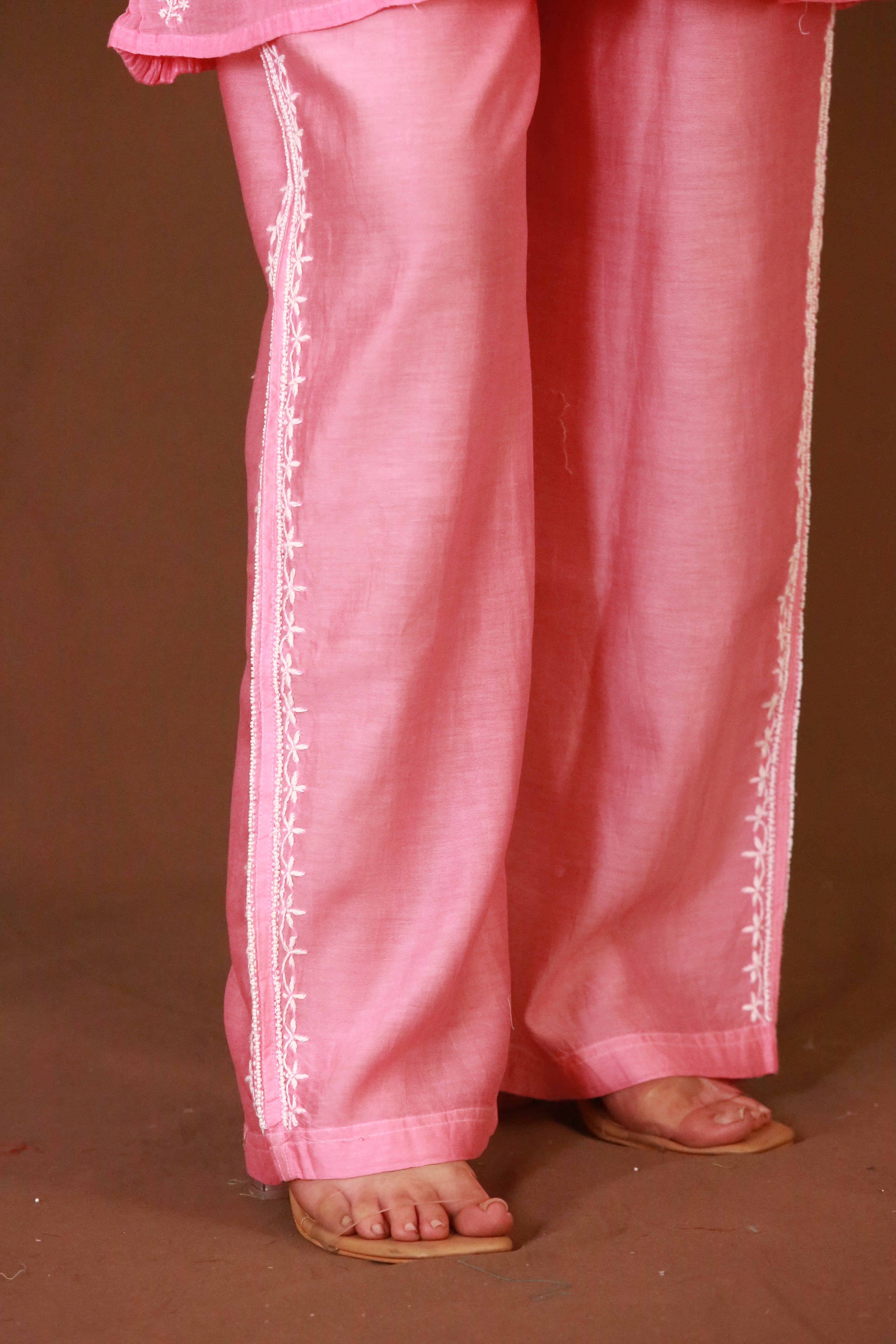 Pink Mul Chanderi Chikankari Co-ord Set with Pearl & Cutdana Work
