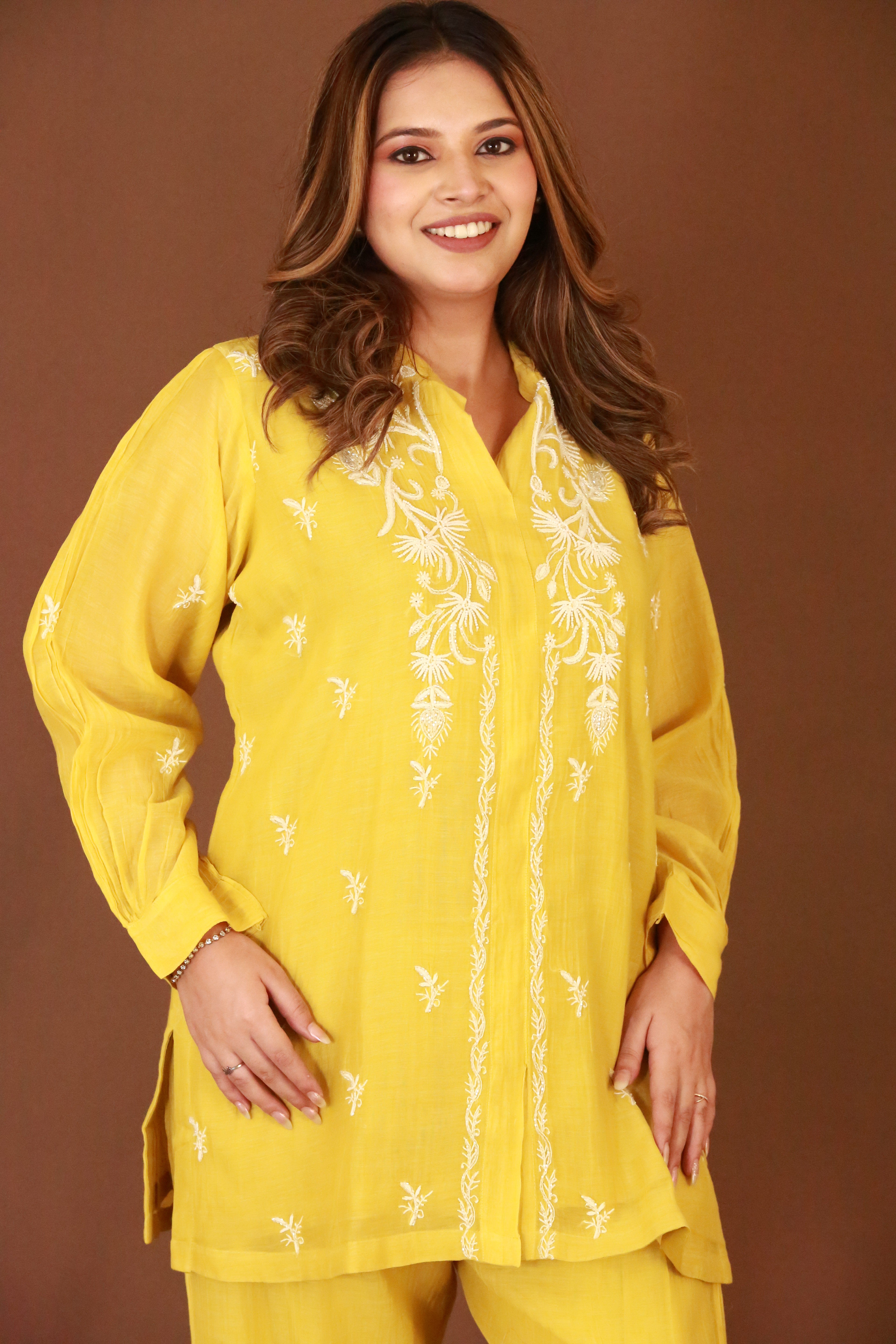 Yellow Mul Chanderi Chikankari Co-ord Set with Pearl & Cutdana Work