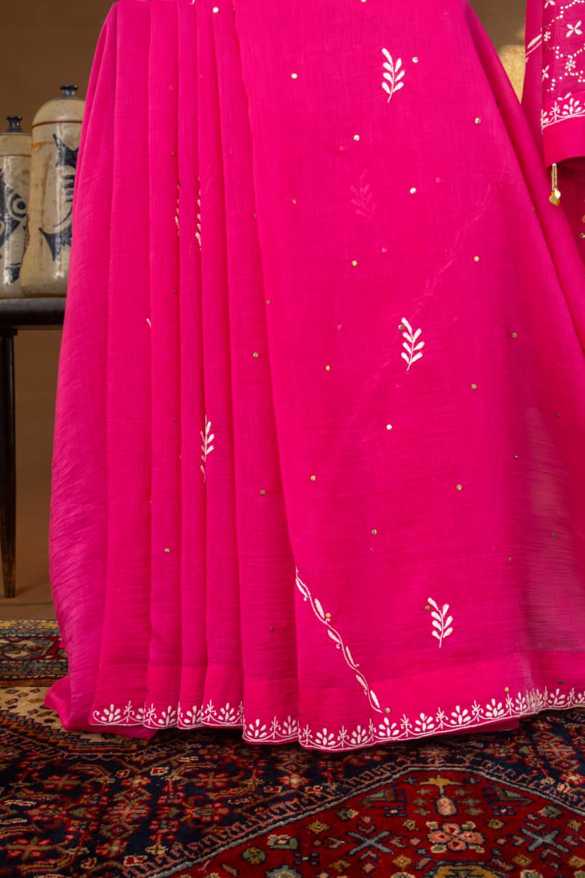 Premium Mul Chanderi Chikankari Cotton Saree with Palla & Booti Mukaish Work