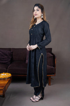 Black Muslin Chikankari Bakhiya 2 Piece Set with Golden Gotta Lace