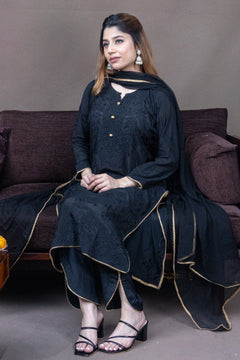 Black Muslin Chikankari Bakhiya 3 Piece Set with Golden Gotta Lace