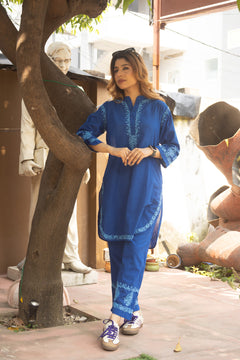 Blue Slub Cotton Chikankari Co-ord Set with White Thread Embroidery