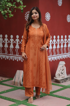 Brown Chanderi Chikankari Bakhiya 3 Piece Set with Dupatta