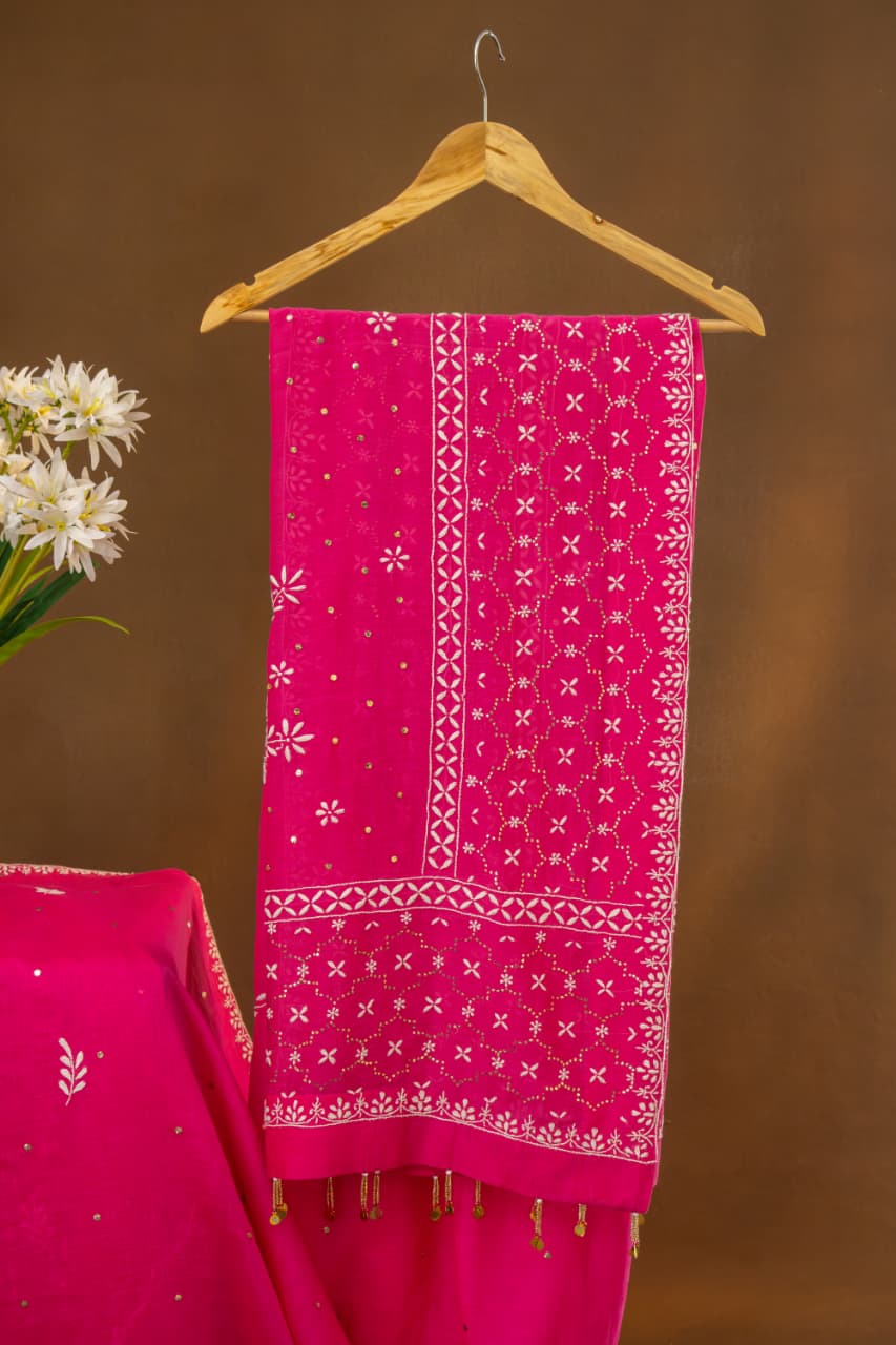 Premium Mul Chanderi Chikankari Cotton Saree with Palla & Booti Mukaish Work