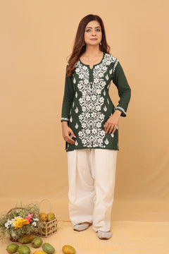Dark Green Modal Chikankari Panel Short Kurta with Farshi Salwar 2 Piece Set