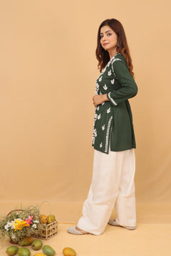 Dark Green Modal Chikankari Panel Short Kurta with Farshi Salwar & Dupatta 3 Piece Set