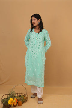Green Cotton Chikankari Bakhiya Kurti with White Pants & Dupatta 3 Piece Set