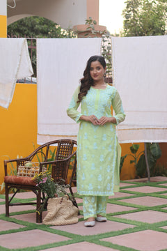 Green Mul Chanderi White Thread Chikankari Ghaspatti 2 Piece Set