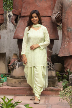 Green Muslin Chikankari Short Kurti with Dhoti and Dupatta 3 Piece Set
