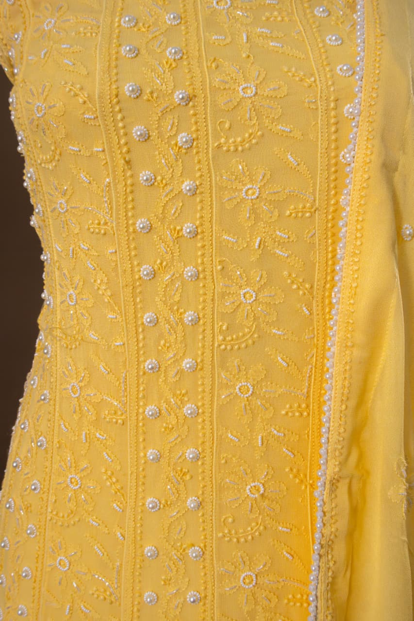 Premium Viscose Gorgette Full Jaal Anarkali  Semi Stitched 2 piece Set with Pearl & Cutdana Work