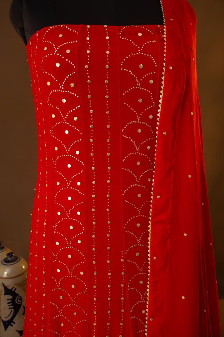 Premium Viscose Gorgette Full Jaal Anarkali  Semi Stitched 2 piece Set with Mukesh & Pitta Work