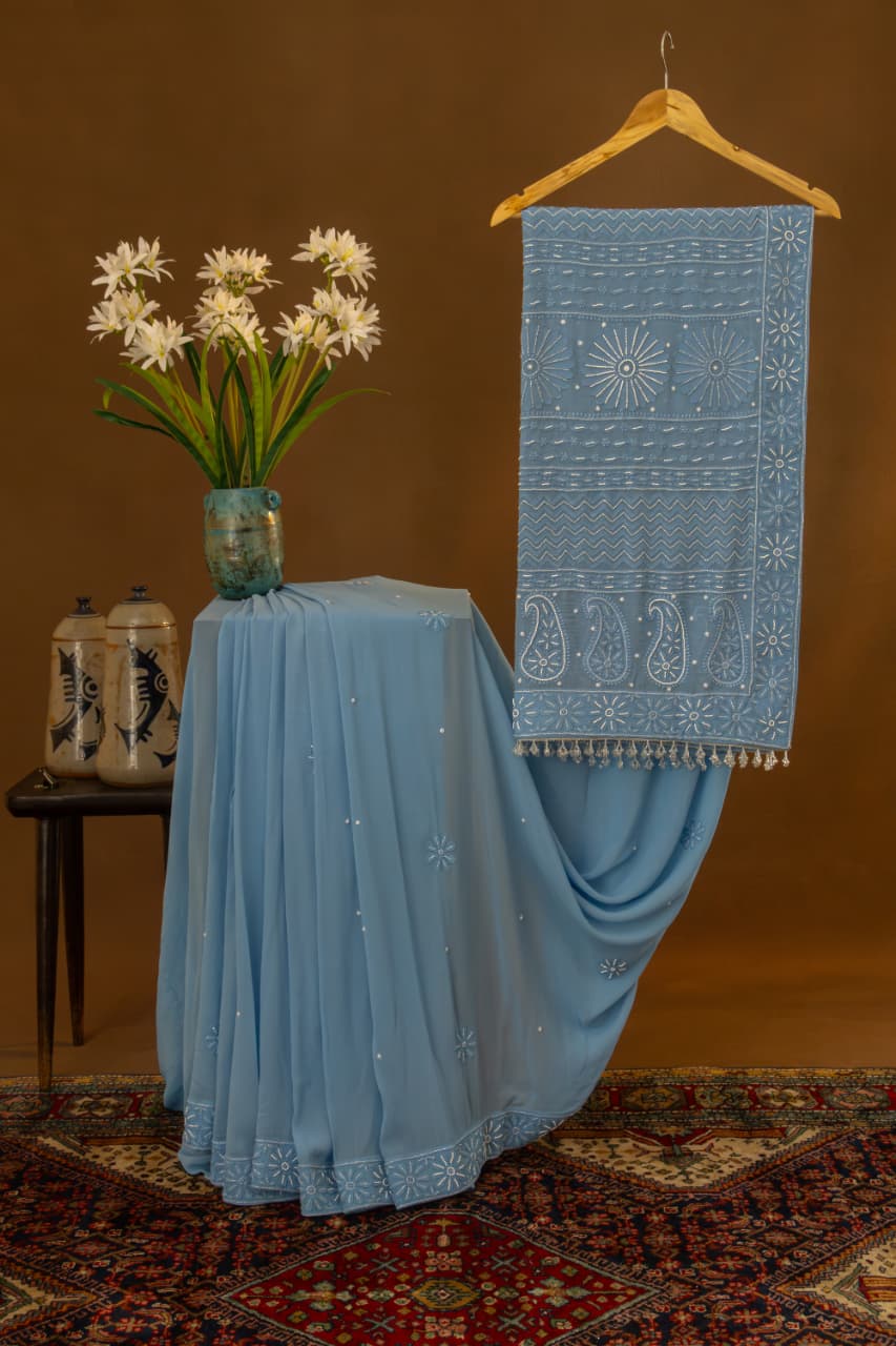 Premium Viscose Georgette Chikankari Cotton Thread Saree Skirt Border Palla with  Pearl & Cutdana work