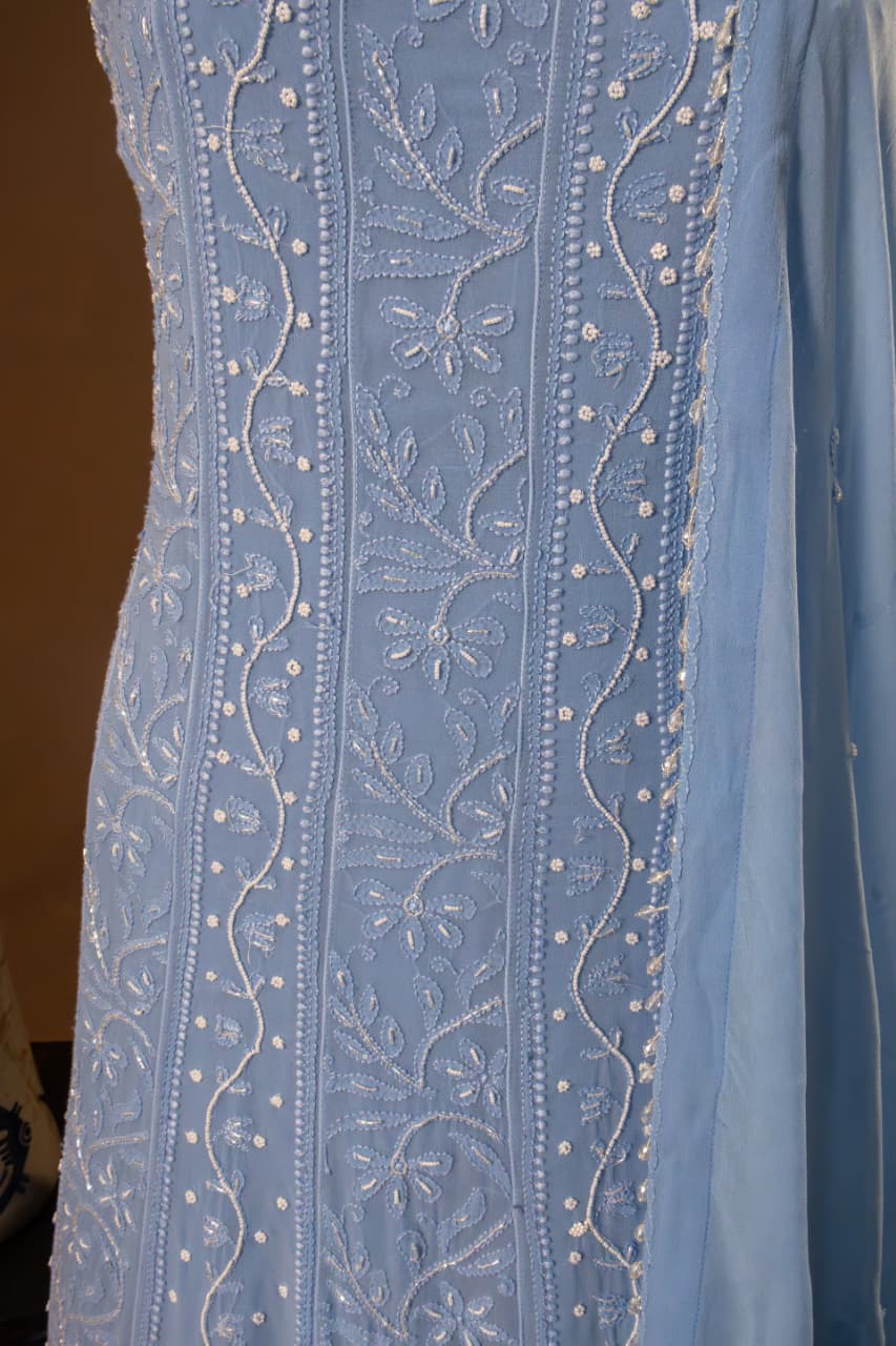 Premium Viscose Gorgette Full Jaal Anarkali  Semi Stitched 2 piece Set with Pearl & Cutdana Work