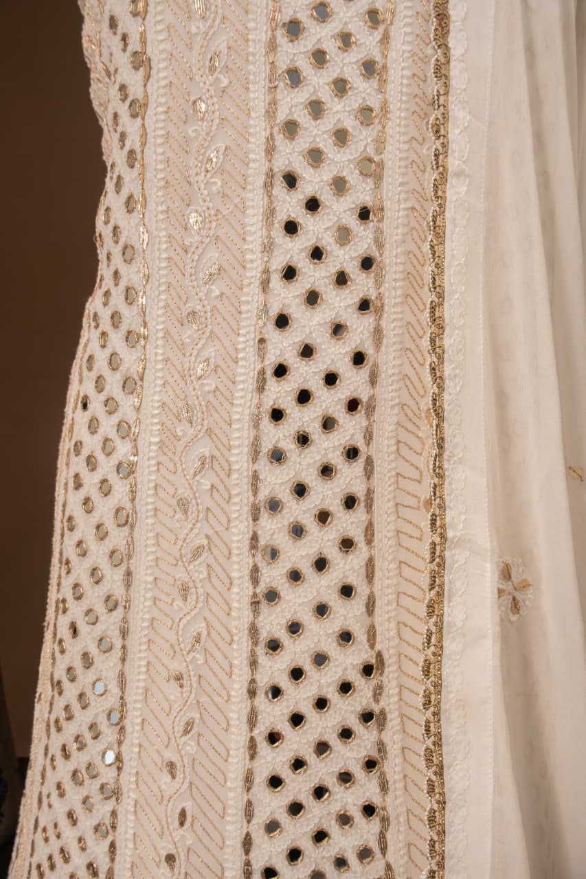 Premium Viscose Gorgette Full Jaal Anarkali  Semi Stitched 2 piece Set with Gota Patti Mirror Work