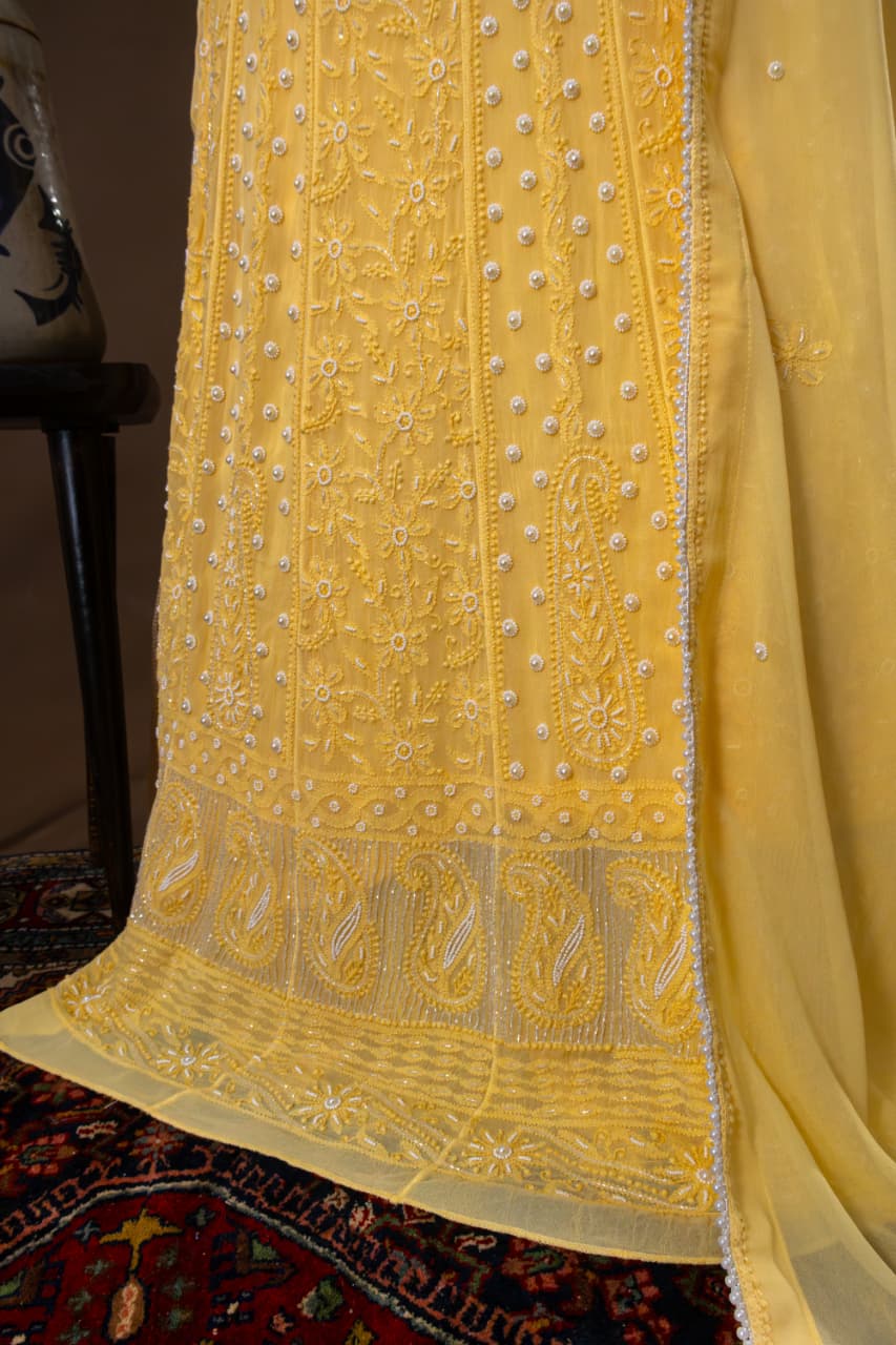 Premium Viscose Gorgette Full Jaal Anarkali  Semi Stitched 2 piece Set with Pearl & Cutdana Work