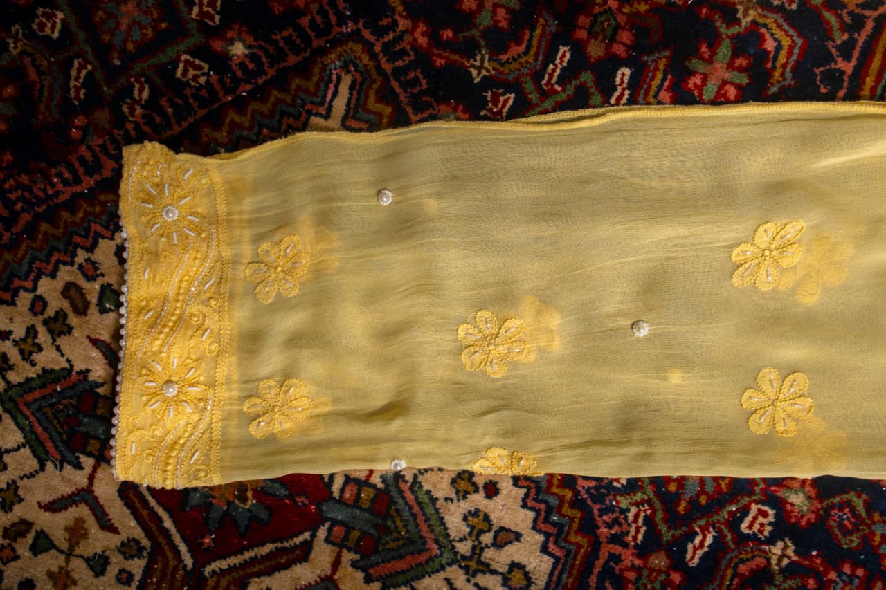 Premium Viscose Gorgette Full Jaal Anarkali  Semi Stitched 2 piece Set with Pearl & Cutdana Work