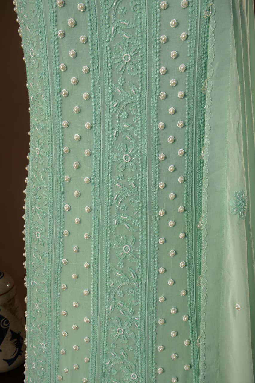 Premium Viscose Gorgette Full Jaal Anarkali  Semi Stitched 2 piece Set with Pearl & Cutdana Work