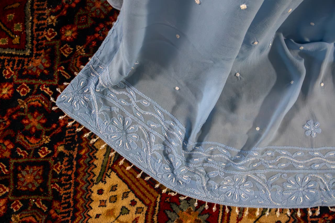 Premium Viscose Gorgette Full Jaal Anarkali  Semi Stitched 2 piece Set with Pearl & Cutdana Work