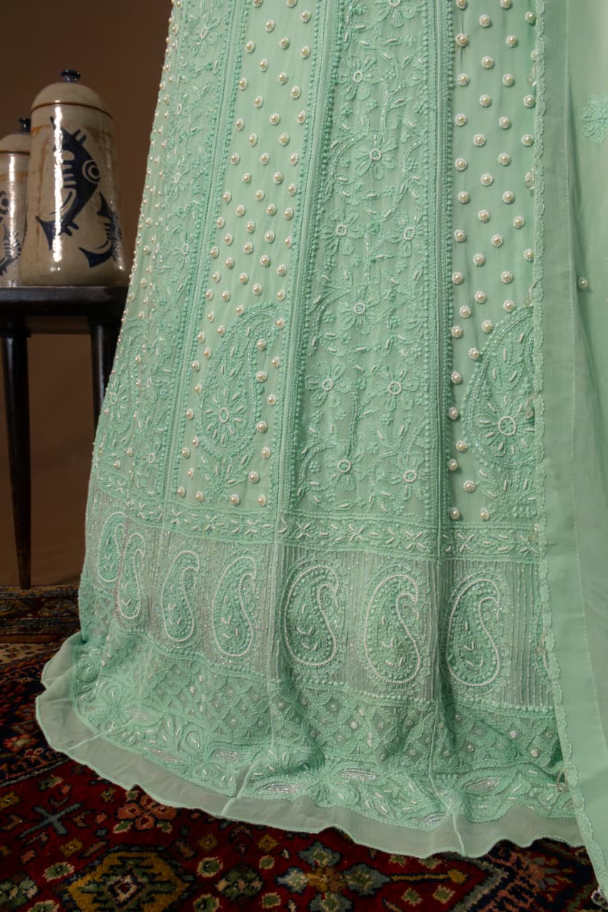 Premium Viscose Gorgette Full Jaal Anarkali  Semi Stitched 2 piece Set with Pearl & Cutdana Work