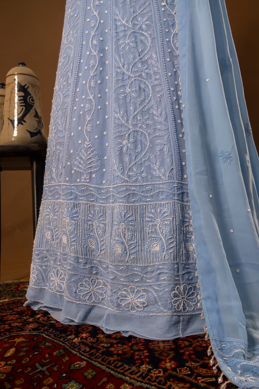 Premium Viscose Gorgette Full Jaal Anarkali  Semi Stitched 2 piece Set with Pearl & Cutdana Work