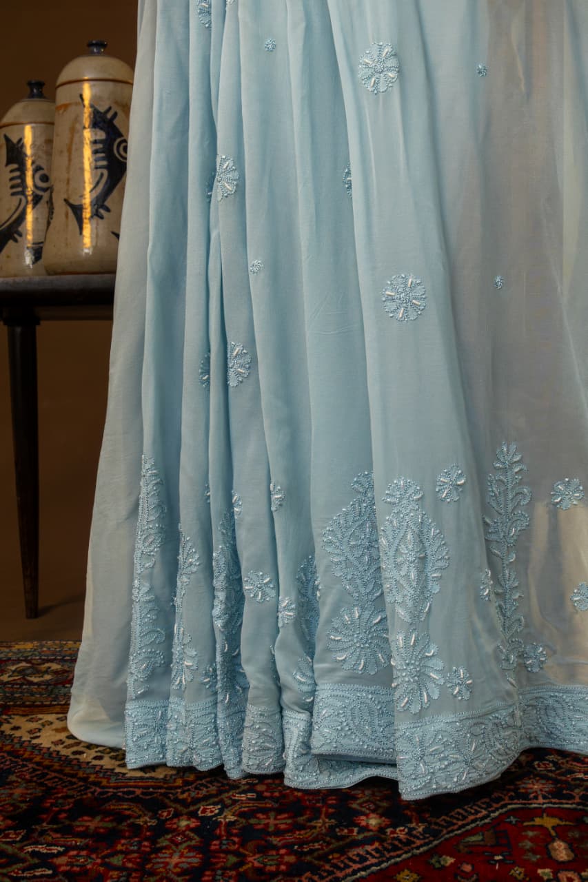 Premium Viscose Georgette Chikankari Resham Thread Saree Skirt Border Palla with  Pearl & Cutdana work