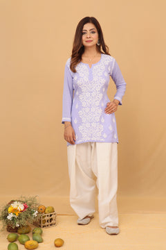 Lavender Modal Chikankari Panel Short Kurta with Farshi Salwar 2 Piece Set