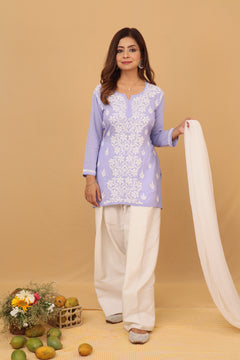 Lavender Modal Chikankari Panel Short Kurta with Farshi Salwar & Dupatta 3 Piece Set