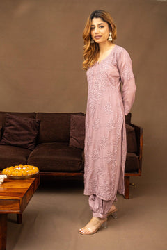Lavender Muslin Chikankari Ghaaspatti Long Kurti with Tone-on-Tone Embroidery
