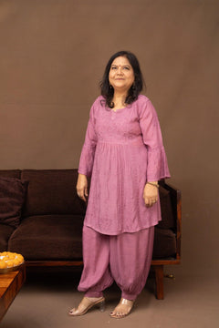 Lavender Muslin Nyra Cut Chikankari Kurti with Afghani Pants 2 Piece Set