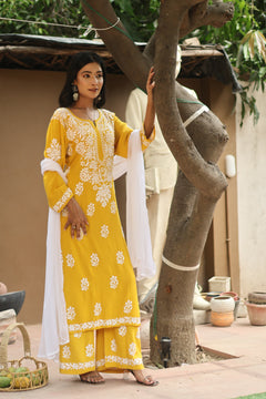 Mustard Rayon White Thread Chikankari Ghaspatti Gala Boota 3 Piece Set with Dupatta
