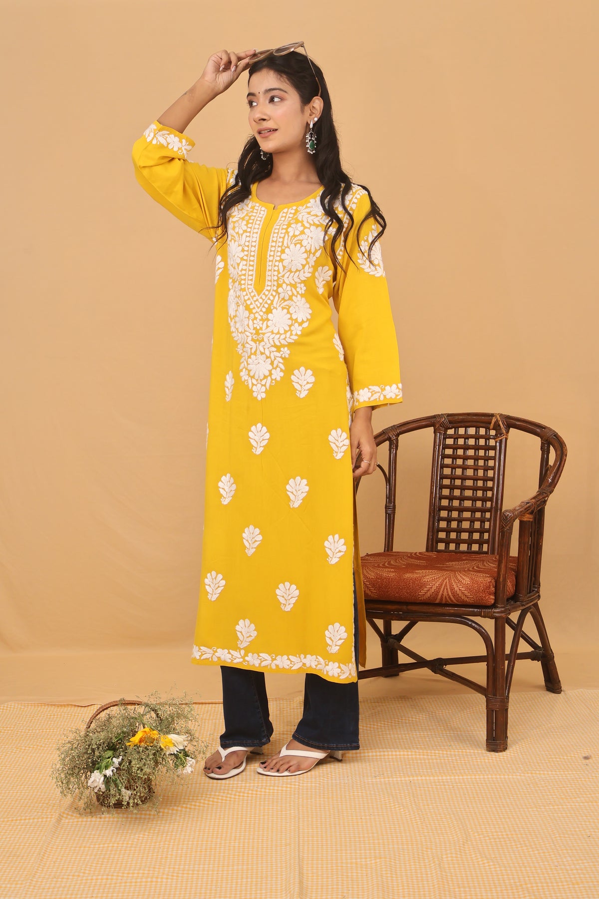 Mustard Rayon White Thread Chikankari Ghaspatti Long Kurti with Pants and Dupatta 3 Piece Set