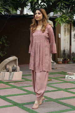 Onion Muslin Nyra Cut Chikankari Kurti with Afghani Pants 2 Piece Set
