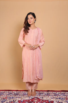 Peach Chanderi Chikankari Bakhiya Long Kurti 3 Piece Set with Dupatta