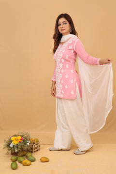 Peach Modal Chikankari Panel Short Kurta with Farshi Salwar 2 Piece Set
