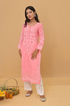 Pink Cotton Chikankari Bakhiya Kurti with White Pants & Dupatta 3 Piece Set