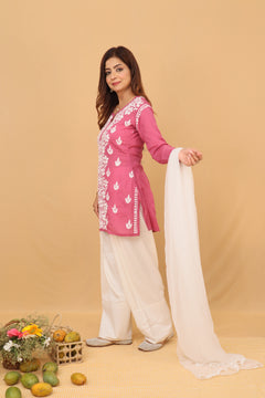 Pink Modal Chikankari Panel Short Kurta with Farshi Salwar 2 Piece Set