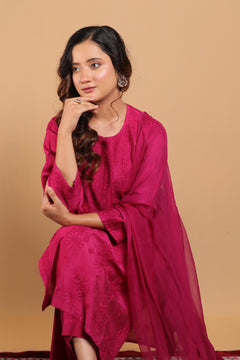 Purple Chanderi Tone on Tone Chikankari Bakhiya Long Kurti