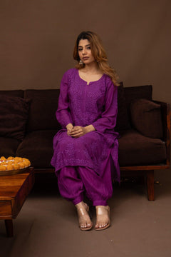Purple Muslin Chikankari Ghaaspatti Long Kurti with Tone-on-Tone Embroidery