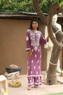 Purple Rayon White Thread Chikankari Ghaspatti Gala Boota 2 Piece Set