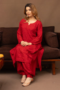 Red Muslin Chikankari Ghaaspatti Kurti with Afghani Pants 2 Piece Set