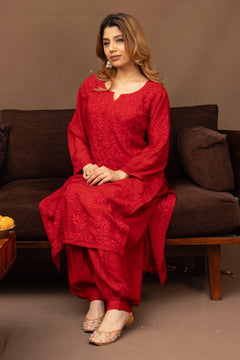 Red Muslin Chikankari Ghaaspatti Long Kurti with Tone-on-Tone Embroidery