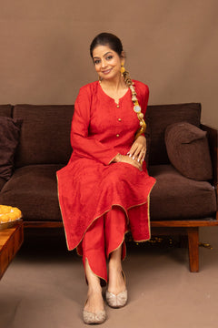 Red Muslin Chikankari Bakhiya 2 Piece Set with Golden Gotta Lace