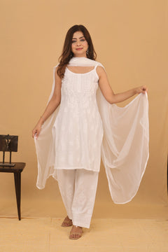White Chanderi Ghaaspatti Chikankari Spaghetti 3 Piece Set with Dupatta