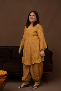 Yellow Muslin Nyra Cut Chikankari Kurti with Afghani Pants 2 Piece Set